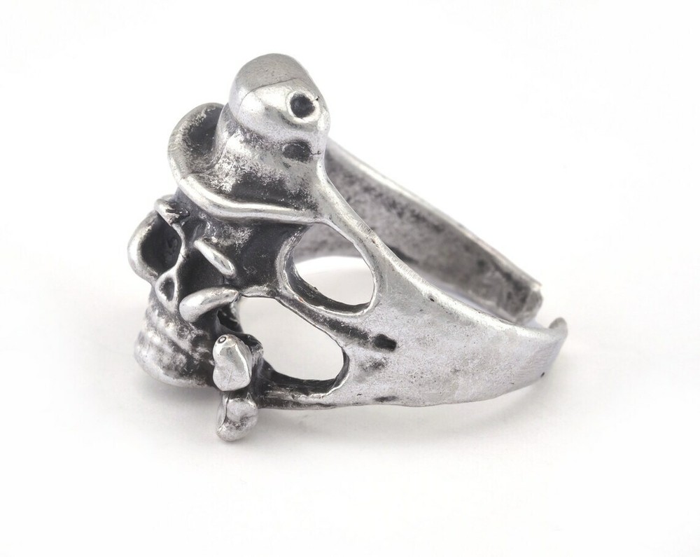 Hat Skull Adjustable Ring Antique Silver Plated Brass 10.5US size 2884