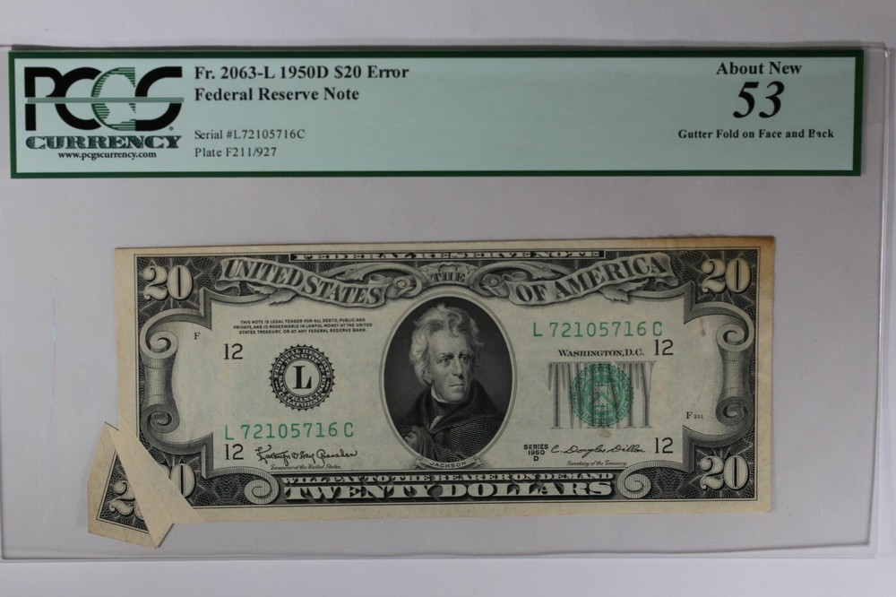 1950D $20 PCGS  AU53 ERROR GUTTER FOLD ON FACE AND BACK    FR.2063L