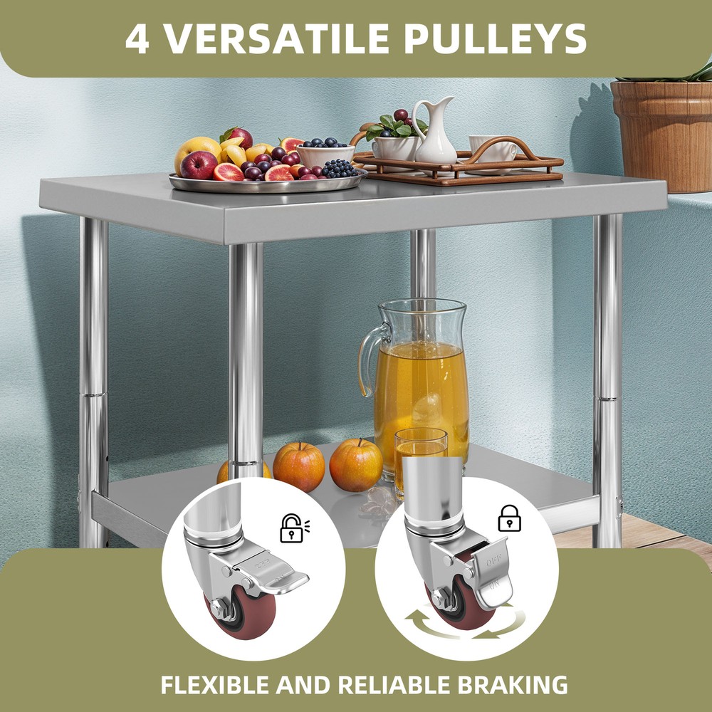 30"x24" Rolling Kitchen Work Table Stainless Steel Double Shelf Lockable Wheels