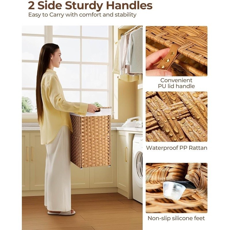 Handwoven Laundry Hamper Waterproof Removable Liner Easy Carry Divided Storage