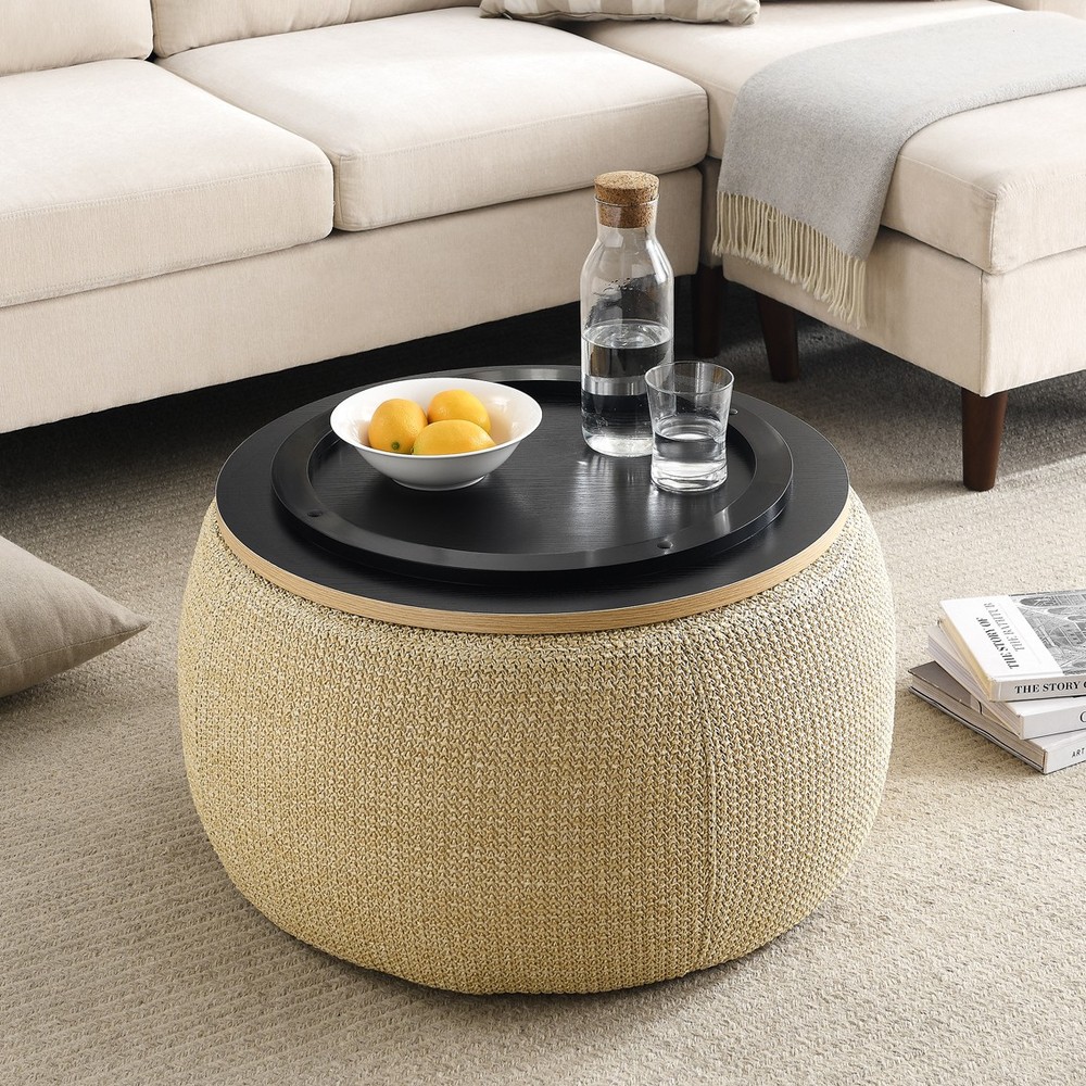 Round Storage Ottoman 2 in 1 Function Work as End Table Natural