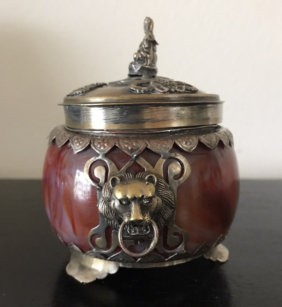 Chinese tibet agate inlay silver incense burner marked