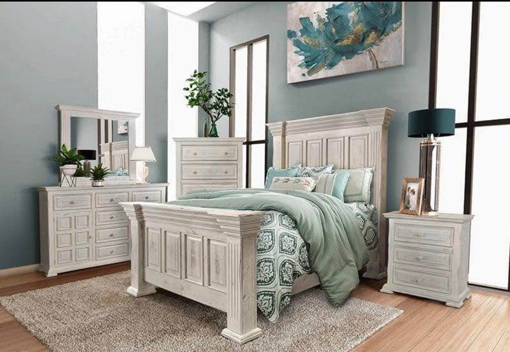Queen Rustic White Bed Frame, Dresser W/Mirror