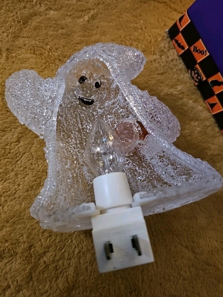 Halloween Pumpkin Night Light Ghost Jack-o-Lantern 5" w/Box Plastic Works