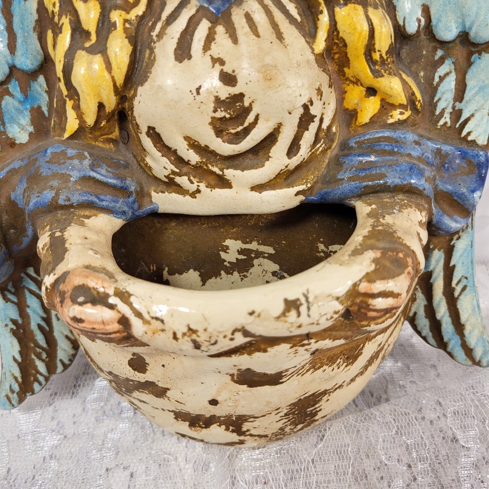 Vintage Font Ceramic Planter Wall Hanging Angel Rustic Made in Mexico