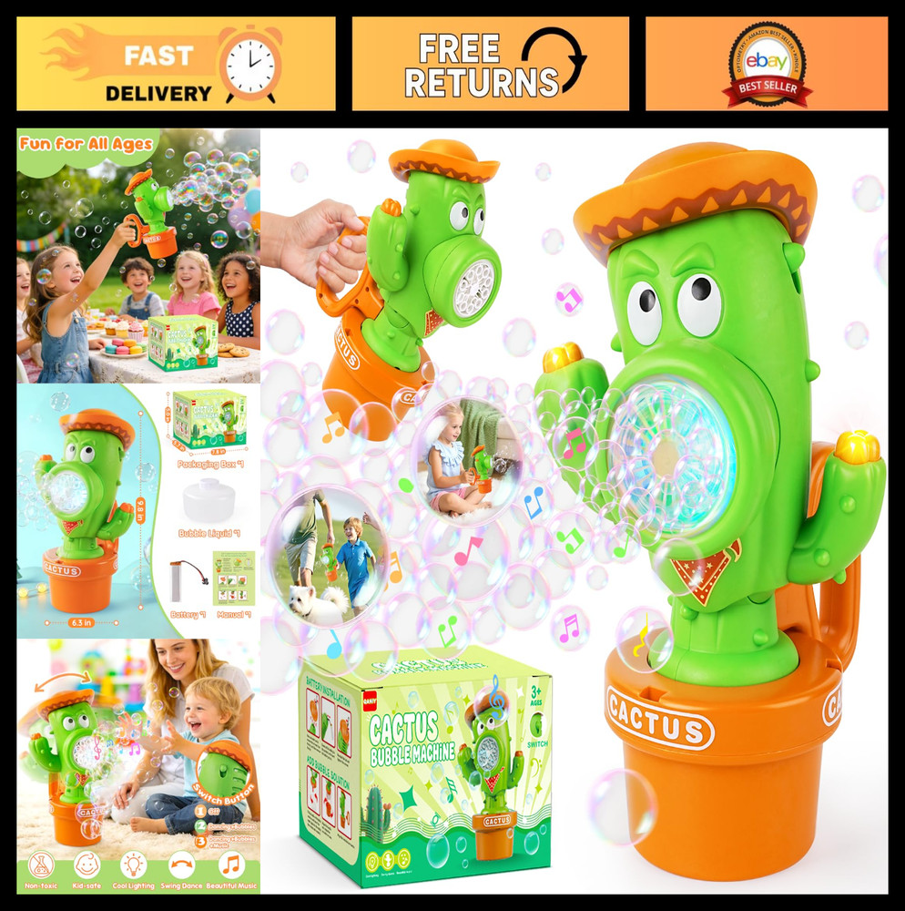 Automatic Cactus Bubble Machine with Music & Lights - Portable Bubble Blower for