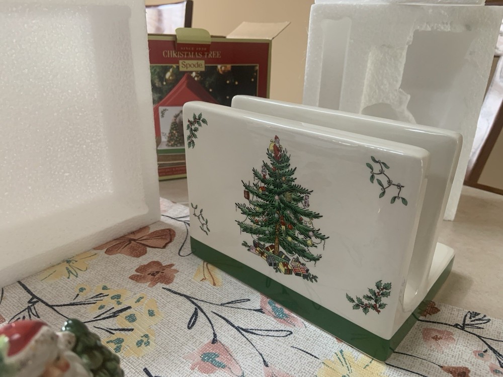 Spode Christmas Tree Ceramic Salt & Pepper Shakers Set with Napkin Holder