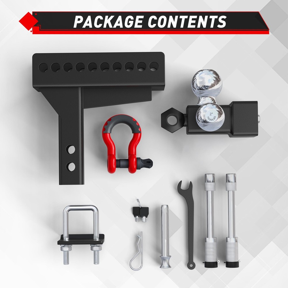 Adjustable Tri Ball Hitch Trailer Mount w/ Lock, Shackle, Pin, Fits 2" Receiver