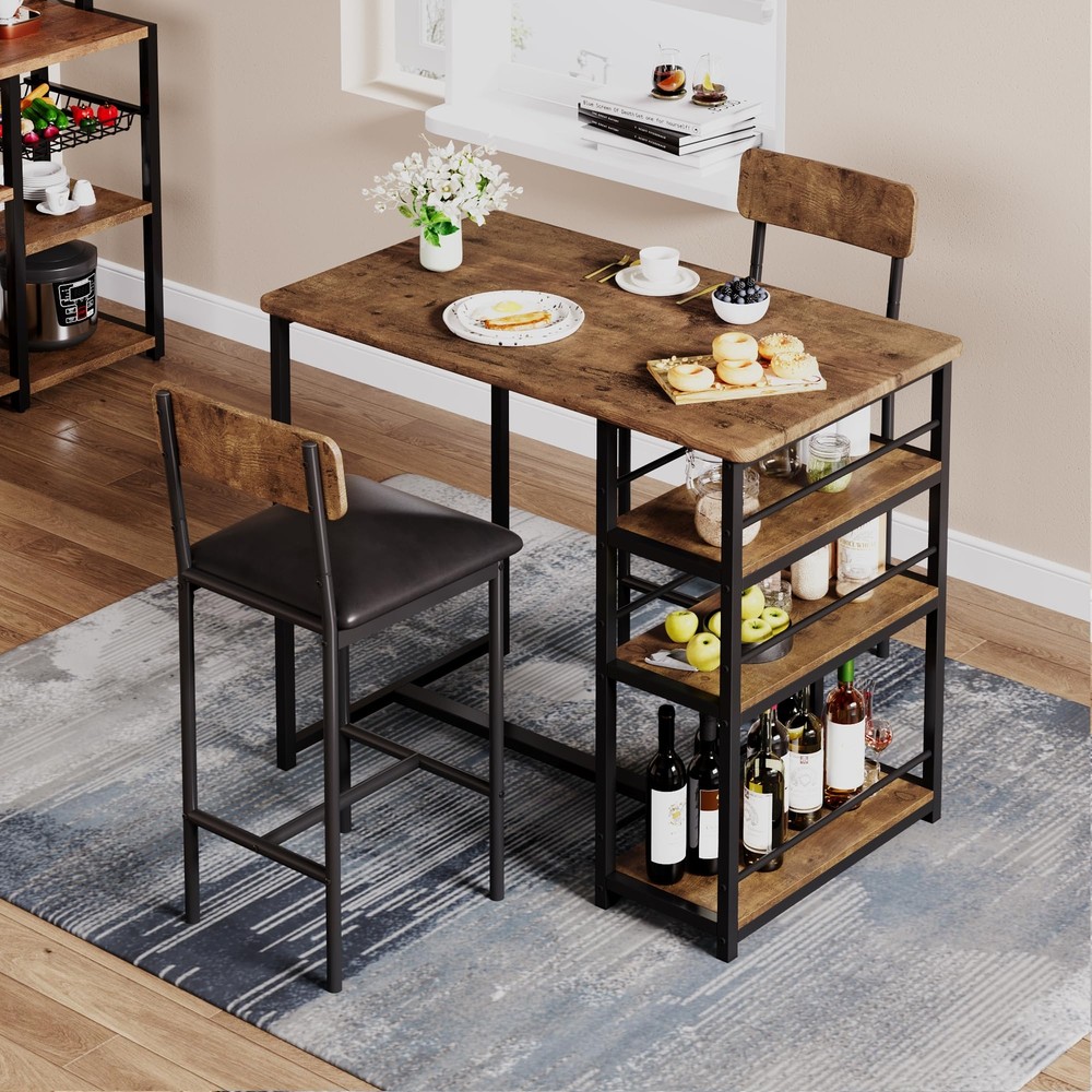 Modern Dining RoomTable Set for 2 Kitchen Table with 2 Chairs w/ Storage Shelves