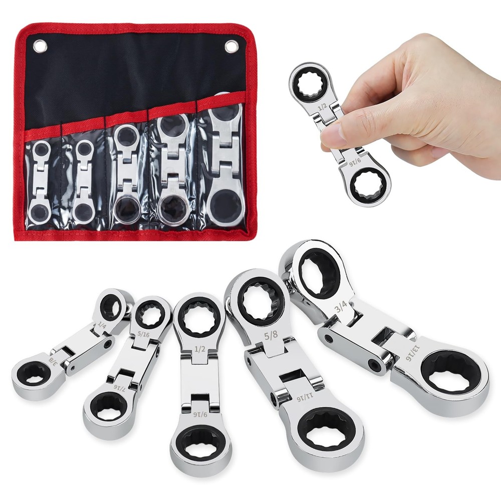 5-Piece Flex-Head Stubby Ratcheting Combination Wrench Set, Mini Double End, ...