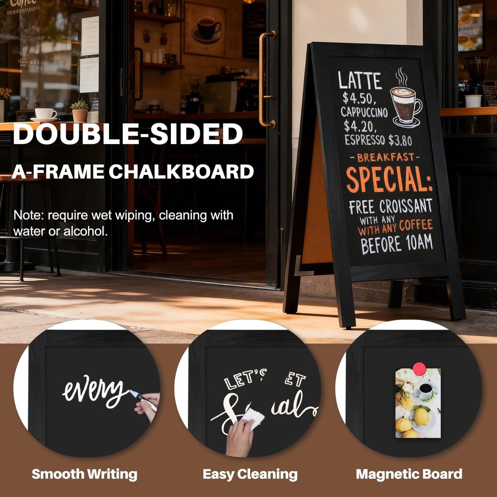 A-Frame Double-Sided Magnetic Chalkboard 40"x20", Solid Pine Wood Freestandin...