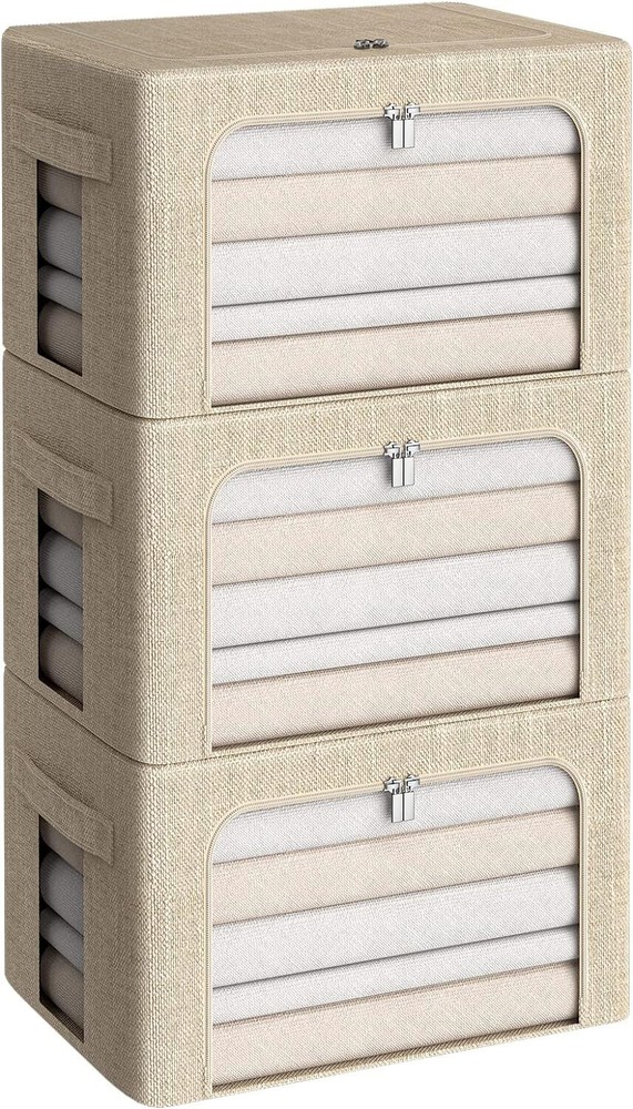 3Pack Foldable Storage Bins - Frame Box Linen Medium-36L, Beige