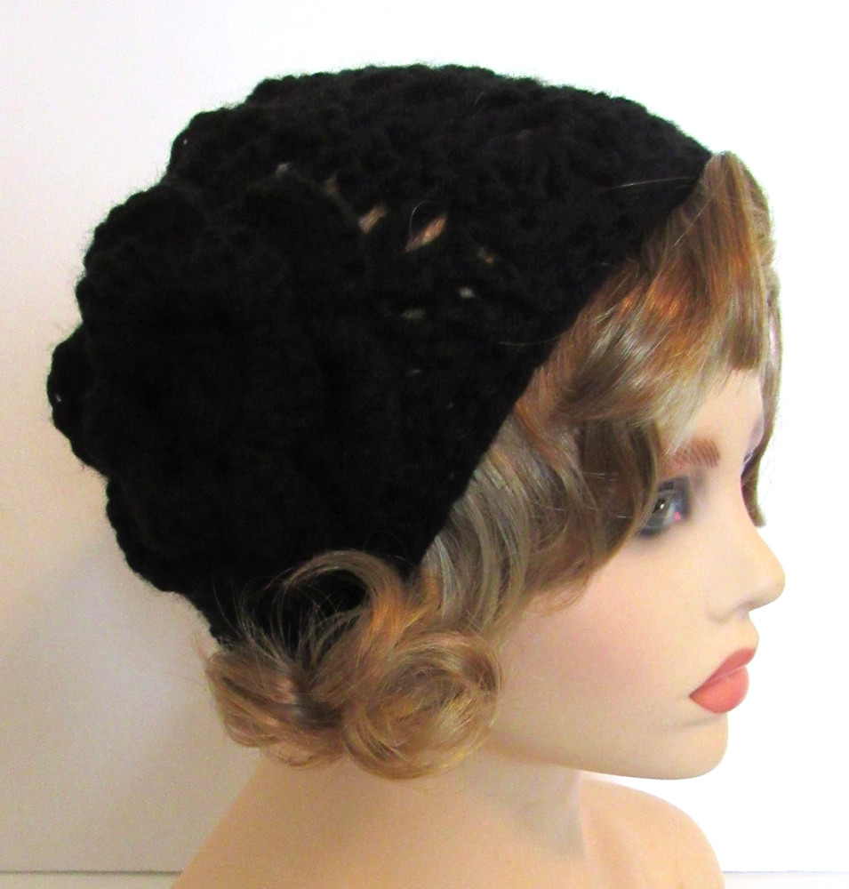 BOHO BEANIE HAT CAP SOLID BLACK OPEN WEAVE MESH HANDMADE CROCHET WITH FLOWER
