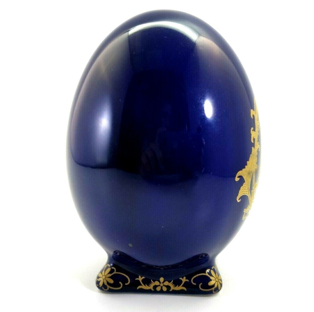 Vintage Footed Ceramic Egg Gold Painted Victorian Scene