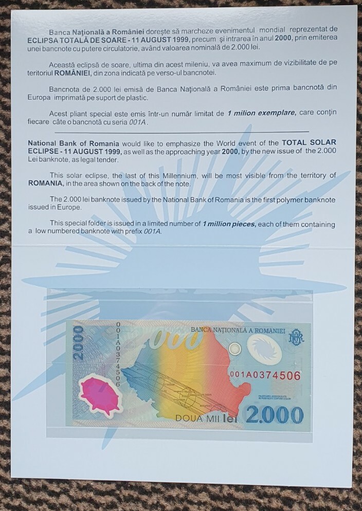 Series 001A 2000 Lei Banknote Romania UNC Mint Condition