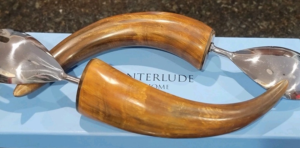 Natural Horn Salad Server Set- Interlude Home-original box