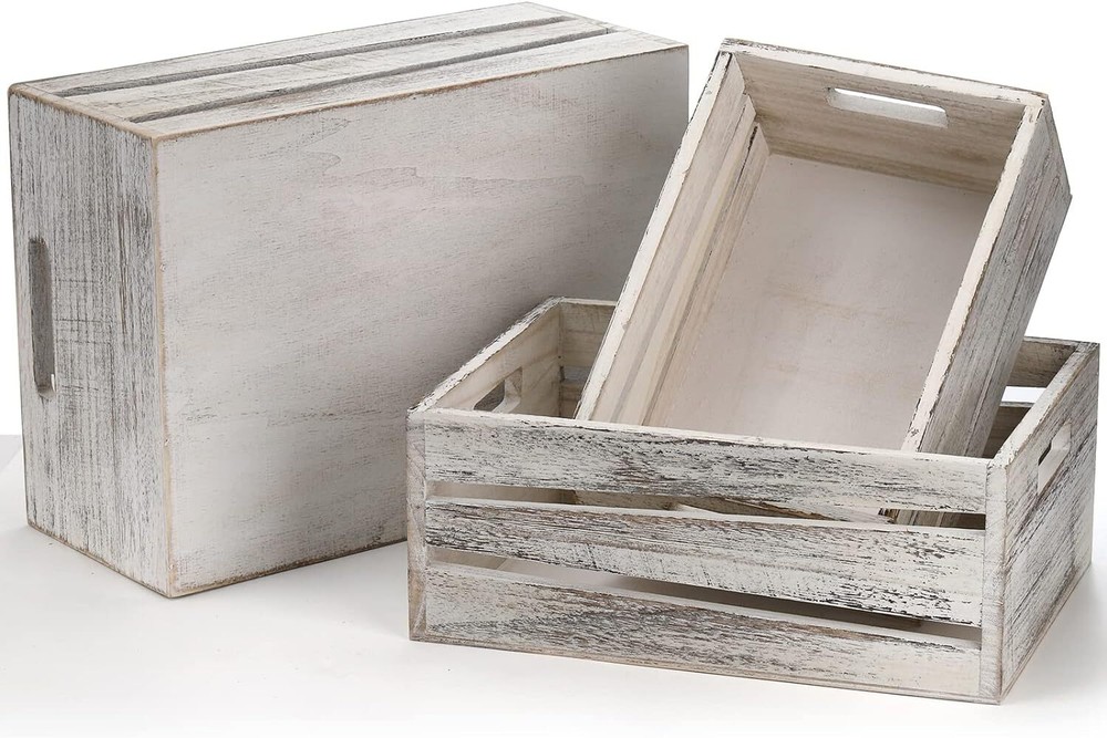 AVLA 3 Pack Wooden Storage Crates, Rustic Nesting Container Bin with...