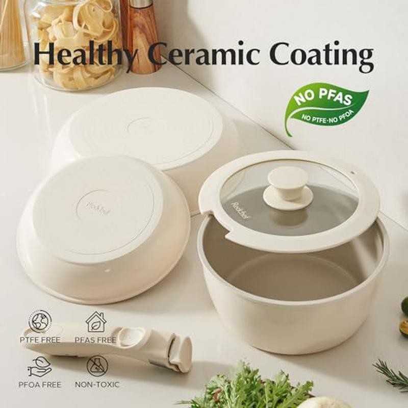 Nonstick Ceramic RV Cookware Set Stackable 5pc Pots & Pans Removable Handle New