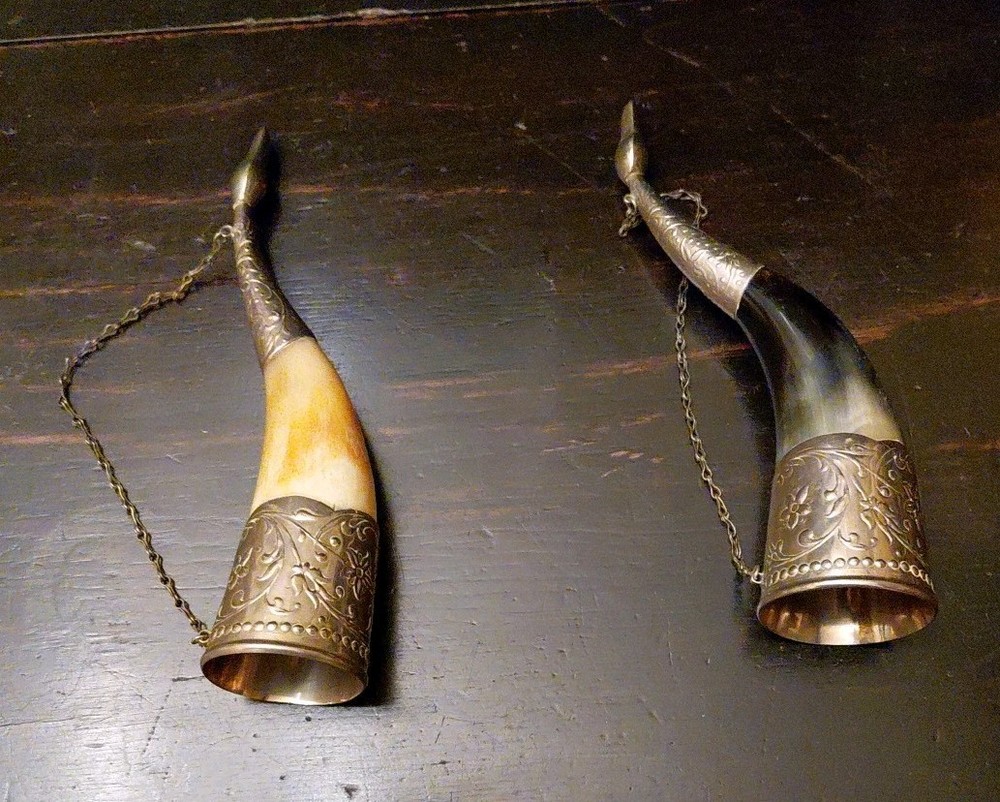 Soviet White Metal Decorated Drinking Cow Horns 21 Cms