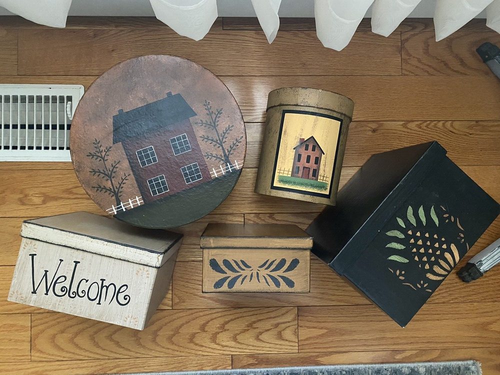 Primitive Nesting Stacking Boxes Saltbox House Welcome Country Storage Box Set 5