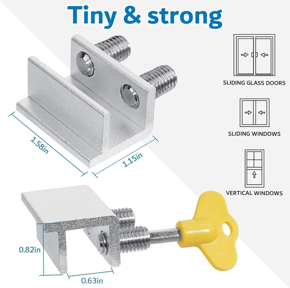 Sliding Window Locks - Horizontal & Up/Down, Adjustable Aluminum, 4 Sets Silver