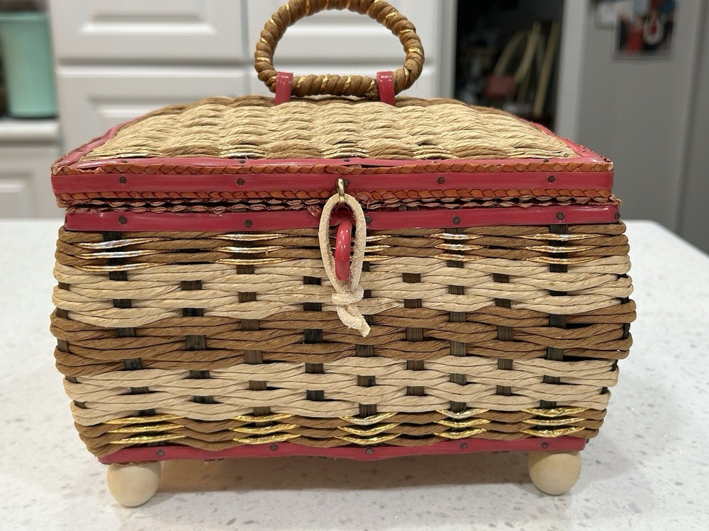 Vtg Woven Wicker Sewing Box With Lid pink/gold Tan