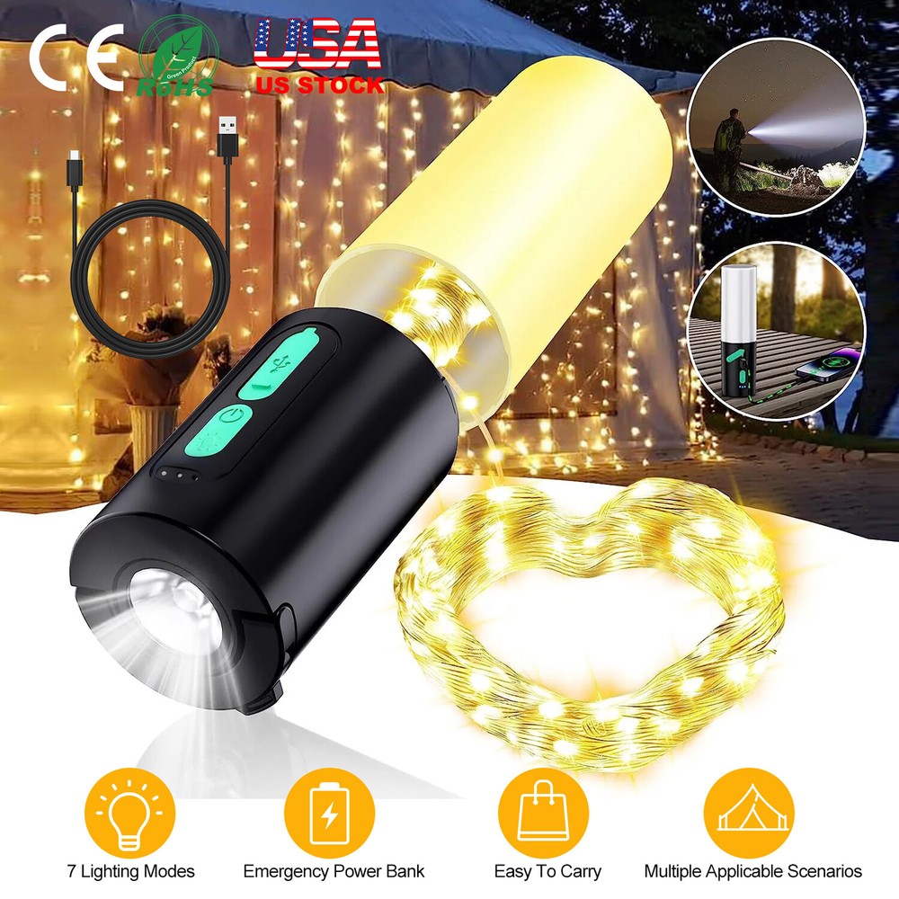 Camping String Light Waterproof with 33Ft Camping Light 8 Modes Rechargeable NEW
