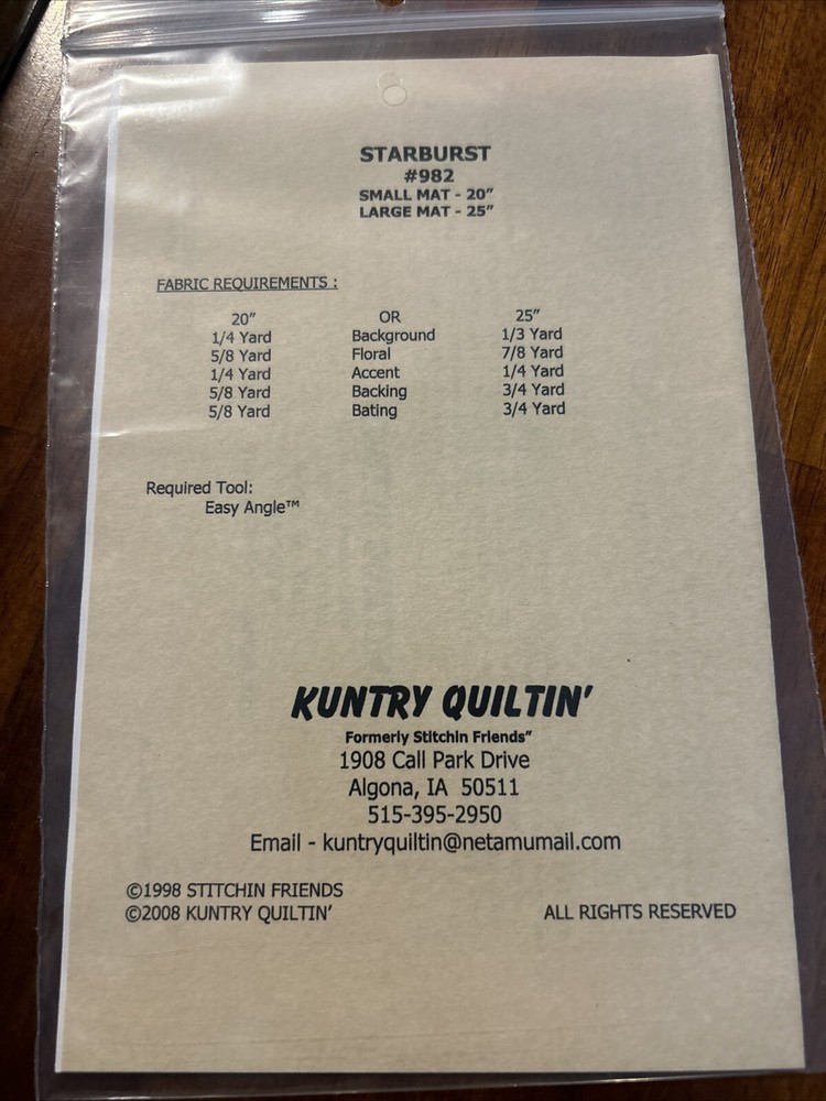 Starburst Tablemat Pattern #982 Kuntry Quiltin New