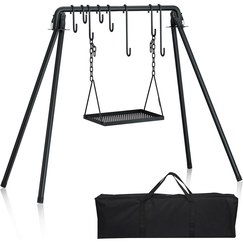 Heavy Duty Campfire Grill Swing Cooking Rack Adjustable Hooks Portable BBQ Set