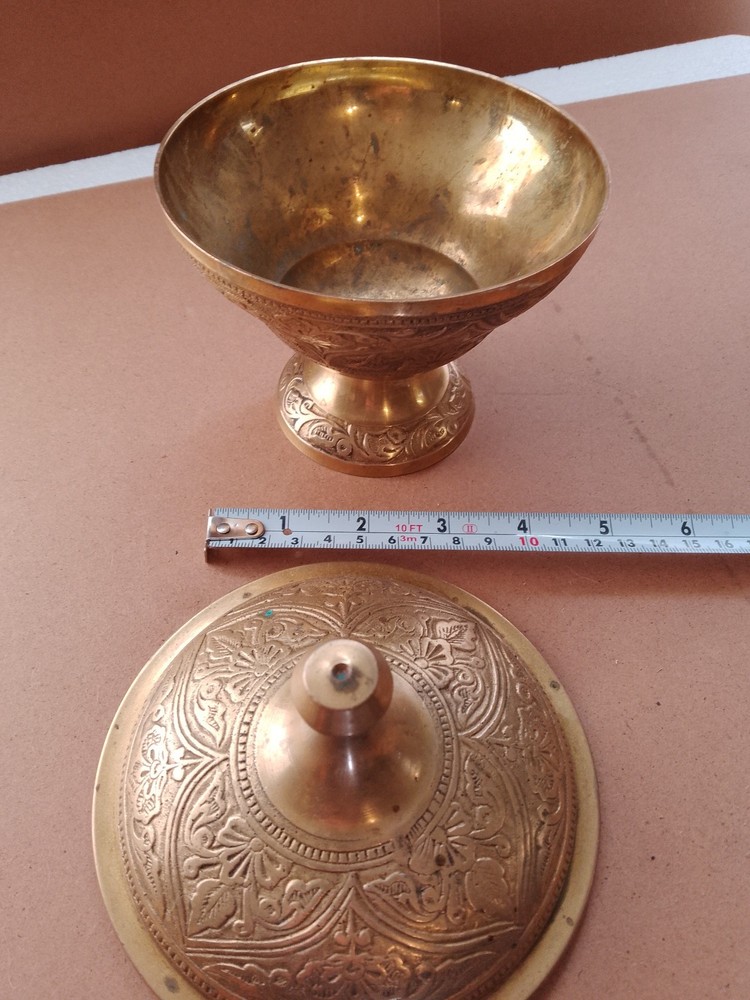 Brass Etched decorative lidded brass bowl ;- made in India [BA2]