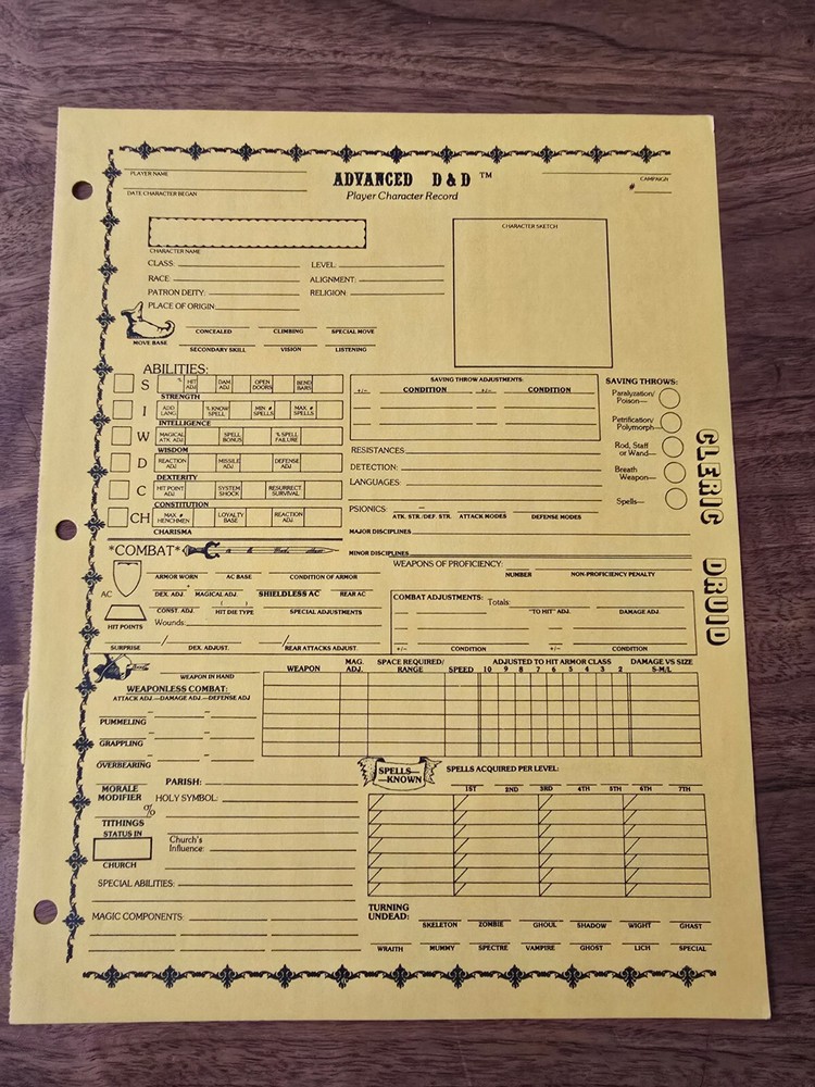 AD&D REF2 Player Character Record Sheet Singles Cleric/Druid TSR
