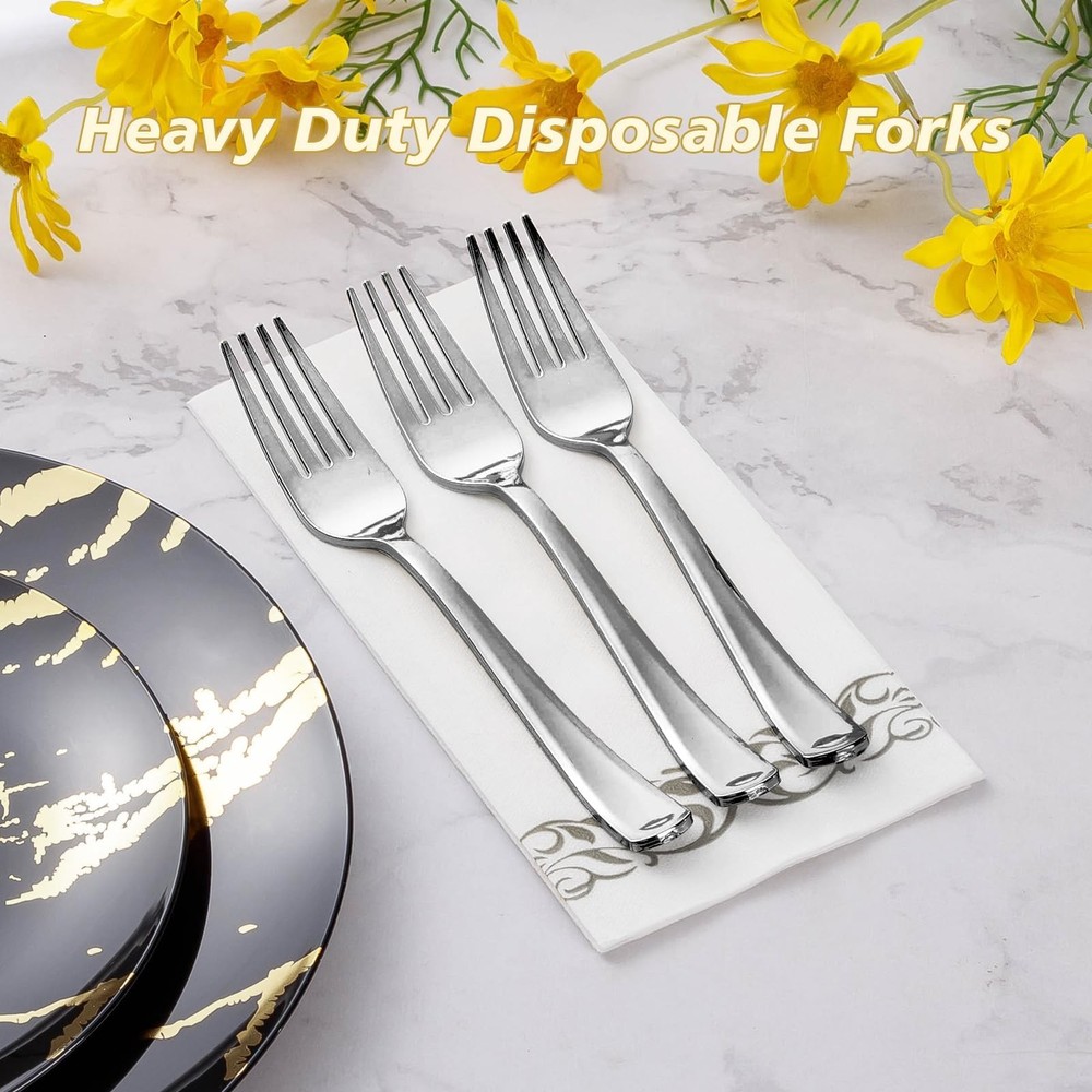 100 Pack Silver Plastic Forks, Heavy Duty Forks Disposable, Silver Plastic Cu...