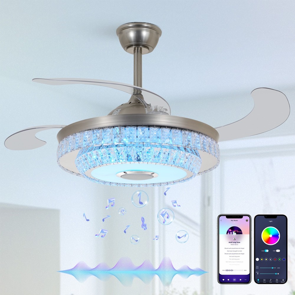 Bluetooth Crystal Ceiling Fan with Light – Retractable Blades, Dimmable LED