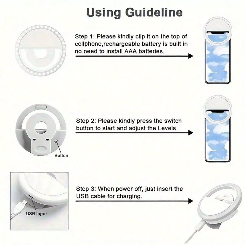 Portable LED Selfie Ring Light Rechargeable Flash Clip for Phone Tablet Camera