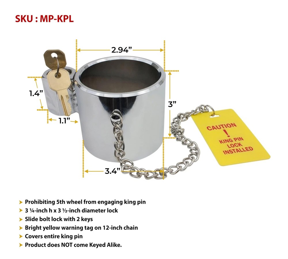 (8 Pack) Heavy Duty Chrome King Pin Lock with 2 Unique Keys