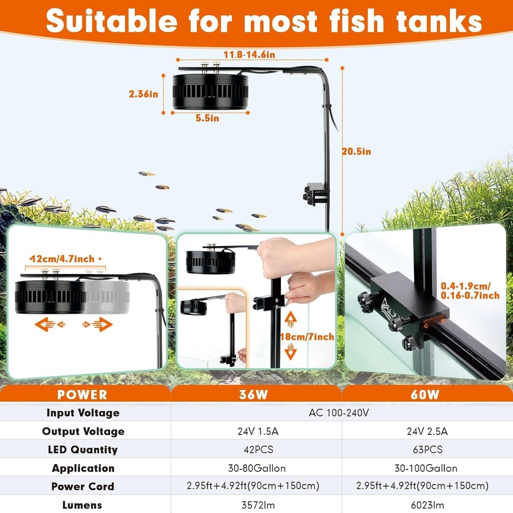 Aquarium Clip-On Stream Light with Controller, LED Fish Tank Light with 3 Modes