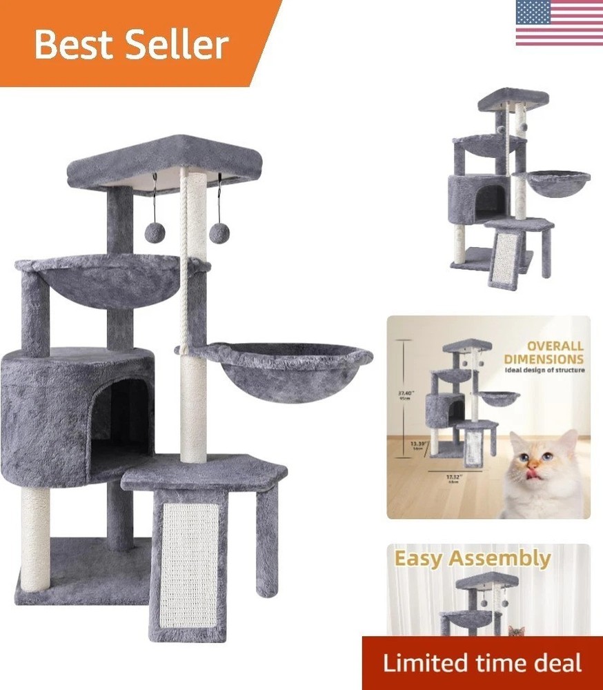 Xin Three Layer Cat Tree with Cat Condo and Two Hammocks,Grey