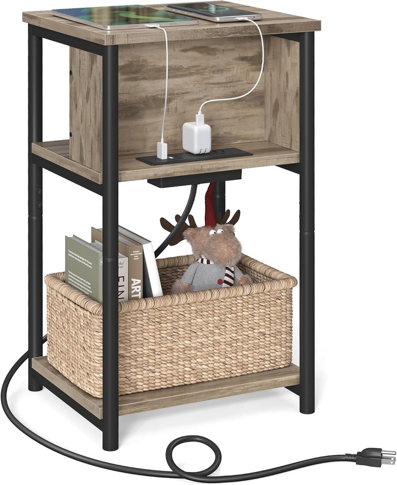 Side Table W/ Charging Station 3-Tier End Table W/ USB Ports & Outlets