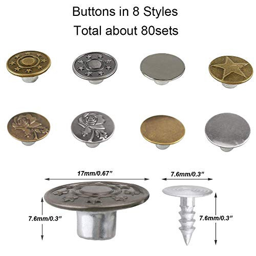 80 Sets 17mm Jeans Button Replacement Kit Metal Tack Button Snap Button for