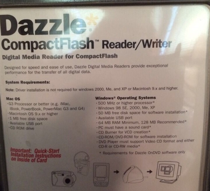 Dazzle Compact Flash Reader/Writer Digital Media Reader Software DM-8000 NEW