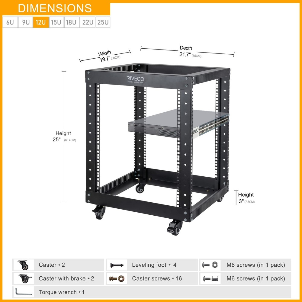 12U Server Rack Open Frame with Casters-RIVECO 4 Post Quick Assembly 19-inch,...