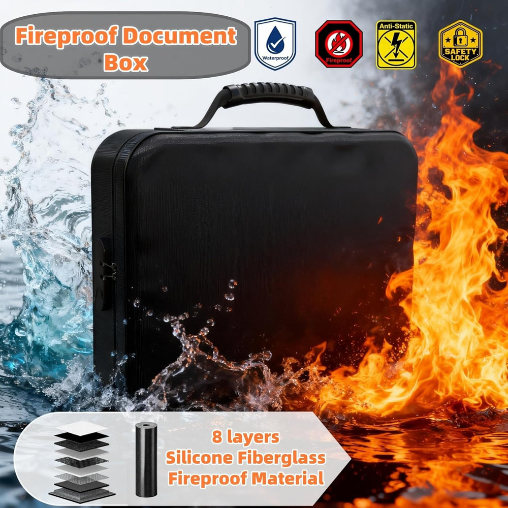 Fireproof Document Box with Lock & Waterproof Zipper for Secure Storage