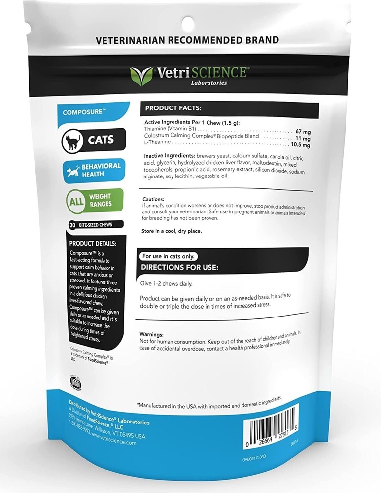 VetriScience Composure Cat Behavioral Calming Bite Sized Chews Chicken 30 ct