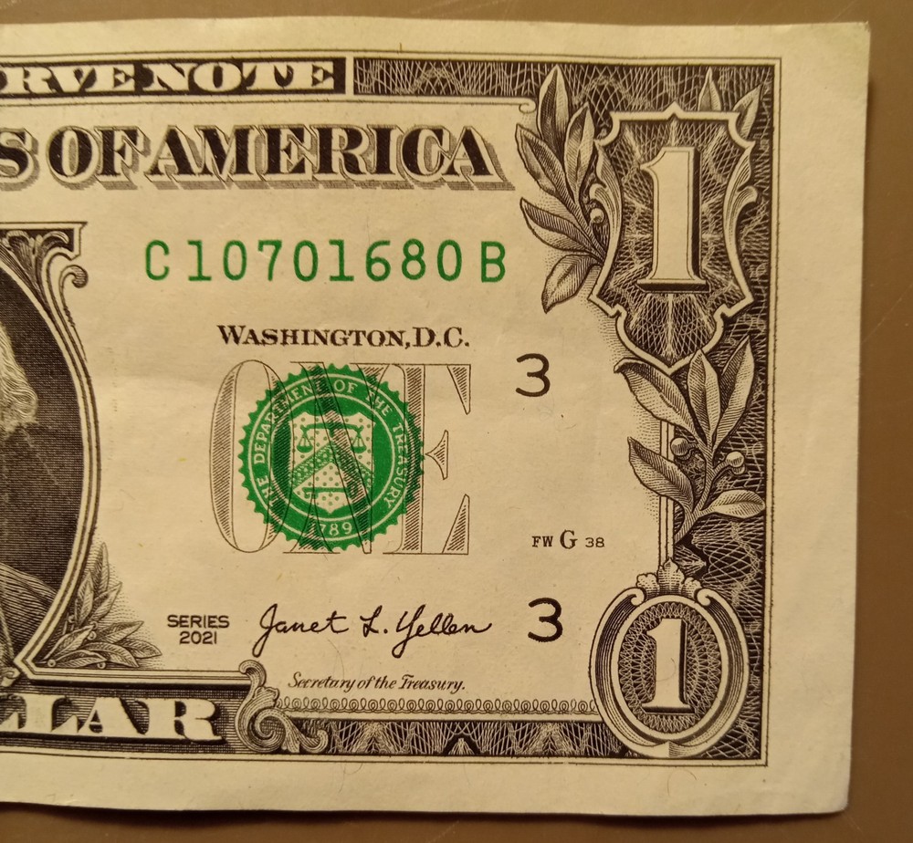2021 Series $1 One Dollar Bill with Misprint Error Front & Back, Excellent Cond