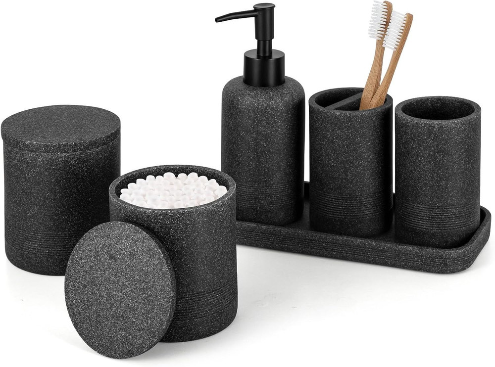 Elegant Black Stone 6-Piece Bathroom Accessory Set for Organized Décor