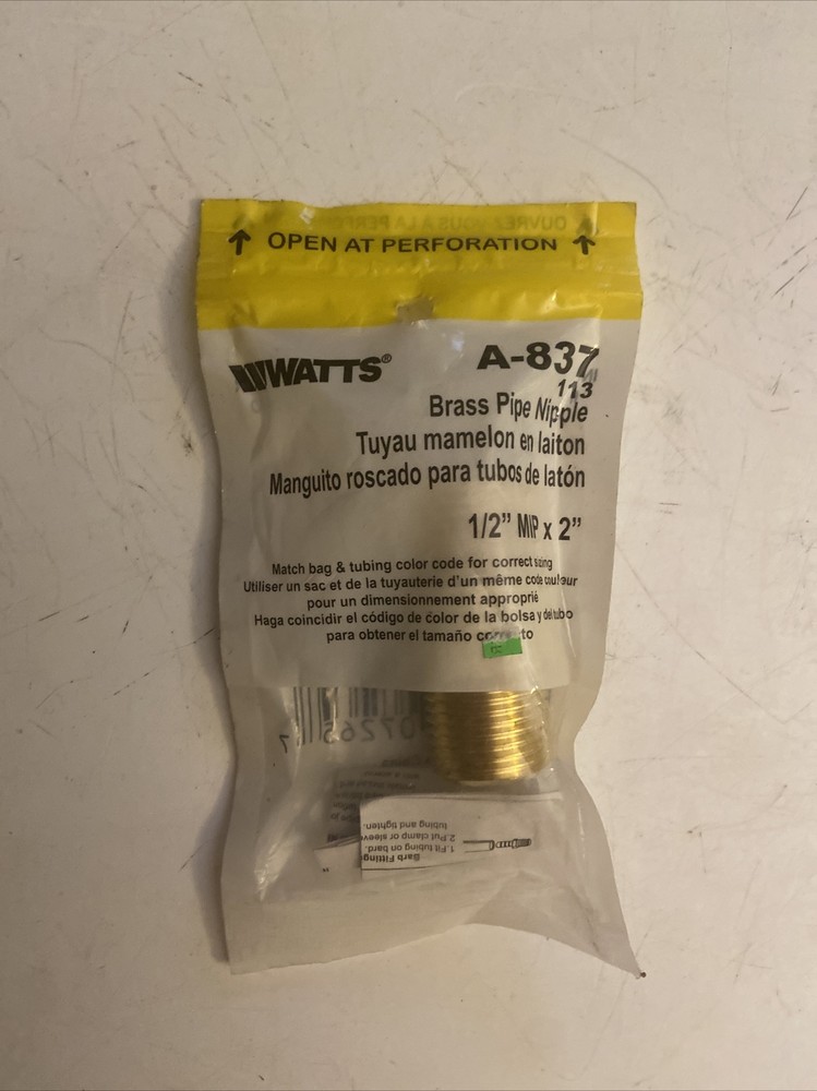 Watts A-837 Brass Pipe Nipple 1/2" MIP X 2”