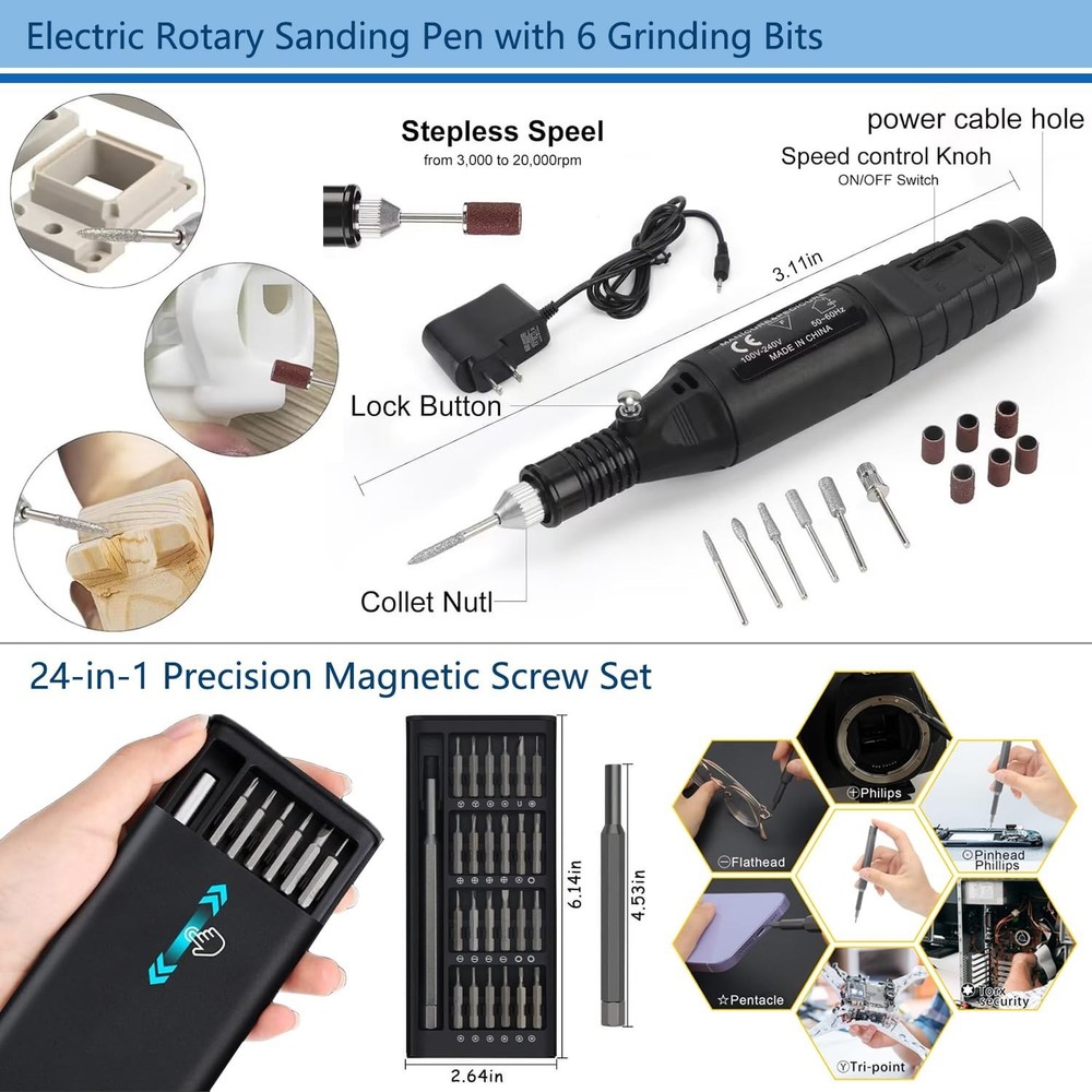 Pro 3D Printer Tools 124pc Set: Rotary Tool, Nozzle Clean, Deburring, Bag - H...
