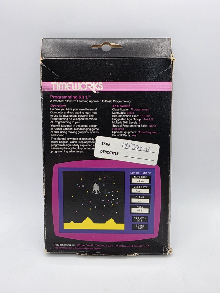 Timeworks Programming Kit 1 lunar lander Commodore 64 Computer Software Floppy