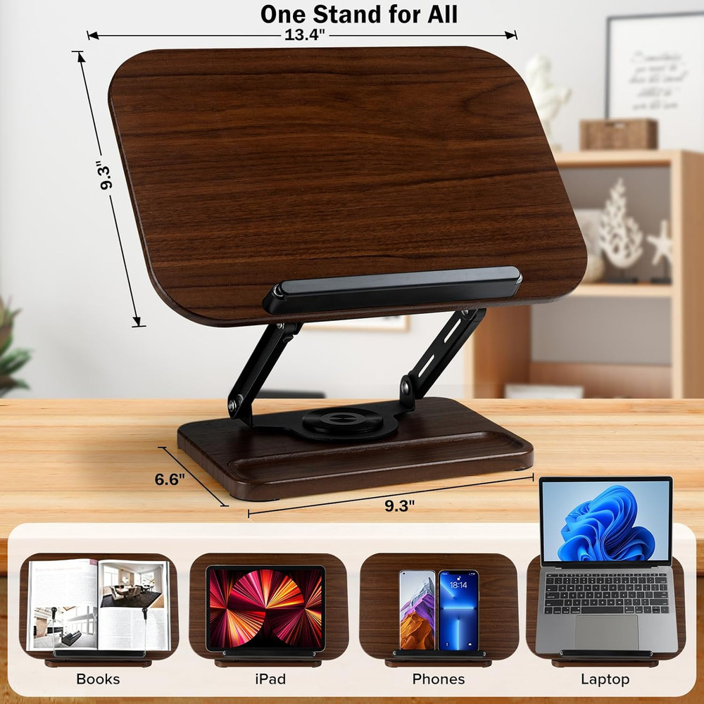 Wooden Book Stand with Light Storage Adjustable 360 Angle for Reading