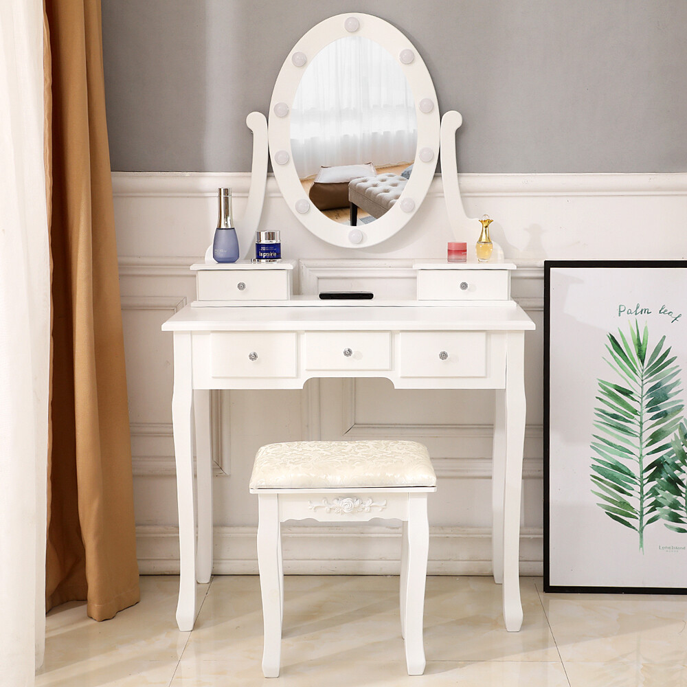 AUTOFOREVER White with light bulb 5 drawers 1 mirror dressing table set